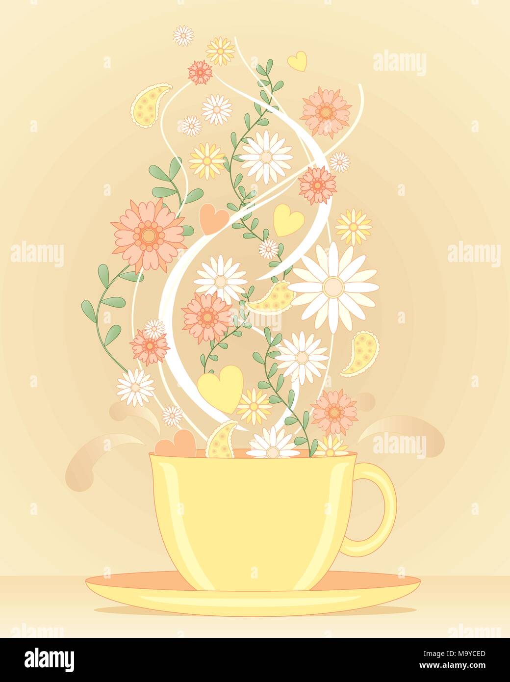 Download An Illustration Of A Big Yellow Tea Cup With Flower Steam And Leaf Design Representing A Herbal Tea Infusion Stock Vector Image Art Alamy PSD Mockup Templates