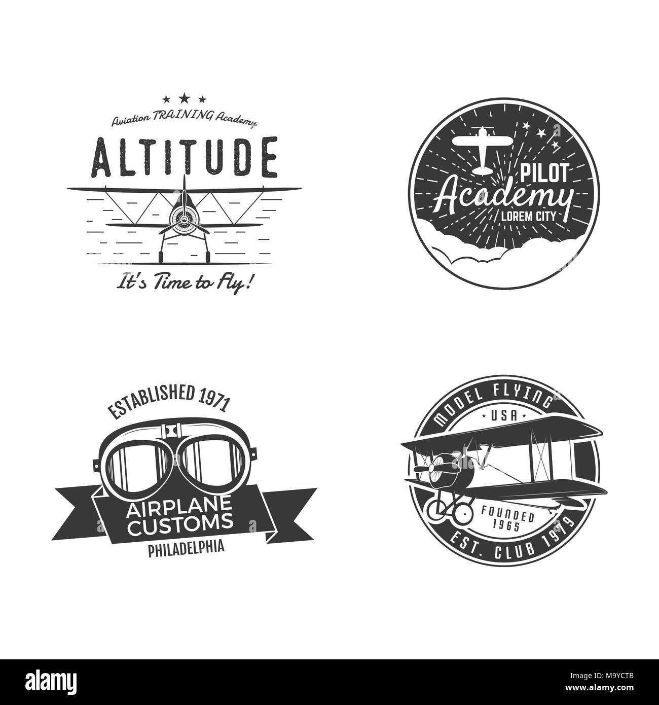 Vintage hand drawn old fly stamps. Travel or business airplane tour emblems. Airplane logo designs. Retro aerial badge. Pilot school logos. Plane tee design, prints. Stock vector stamps isolated Stock Vector