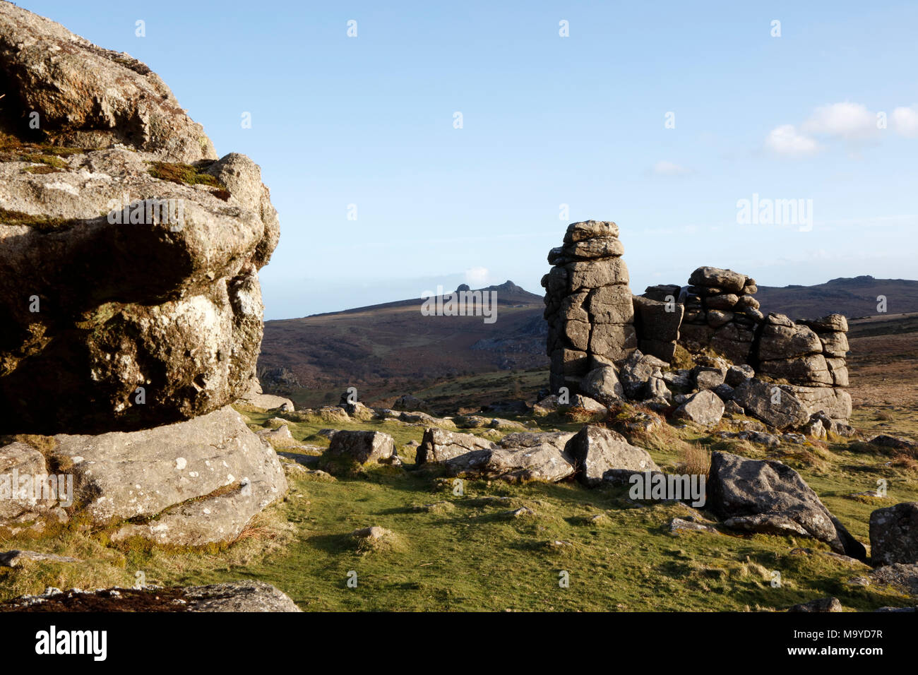 Haytor Rocks seen from Hound Tor, Dartmoor, Devon, England, UK Stock Photo
