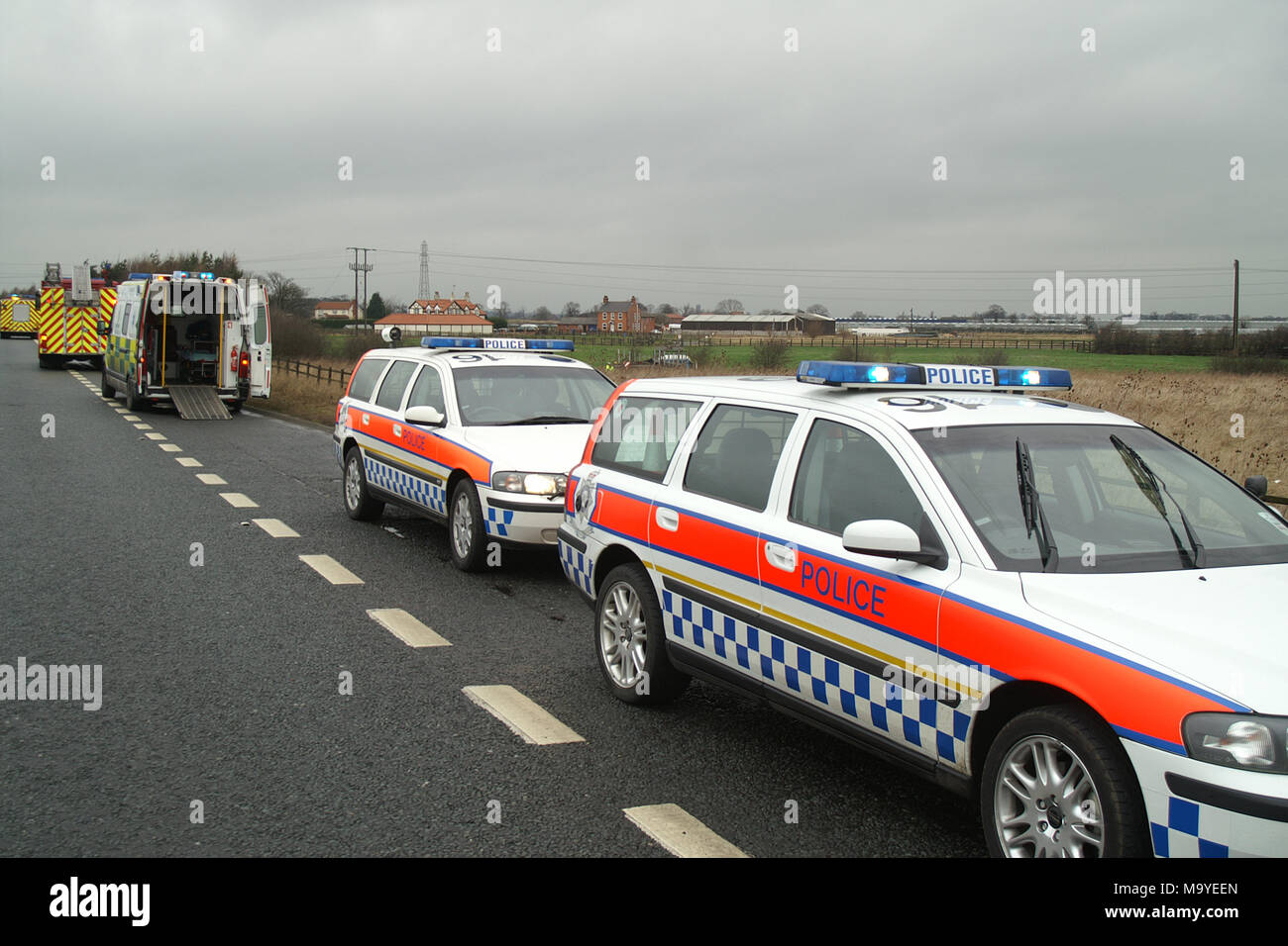 police fire and Ambulance at car crash, road traffic collision (RTC) Stock Photo