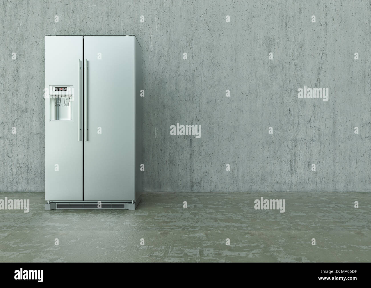 Modern Stainless Steel Refrigerator on a concrete wall and floor - 3D Rendering Stock Photo