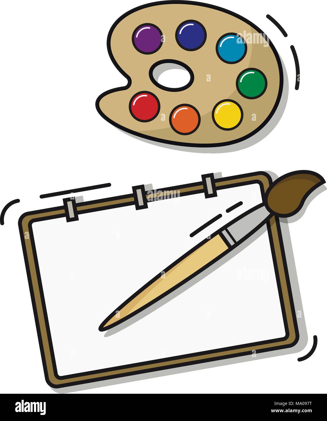 Set of the young artist paper palette brush, painting tools. Outline flat style Stock Vector