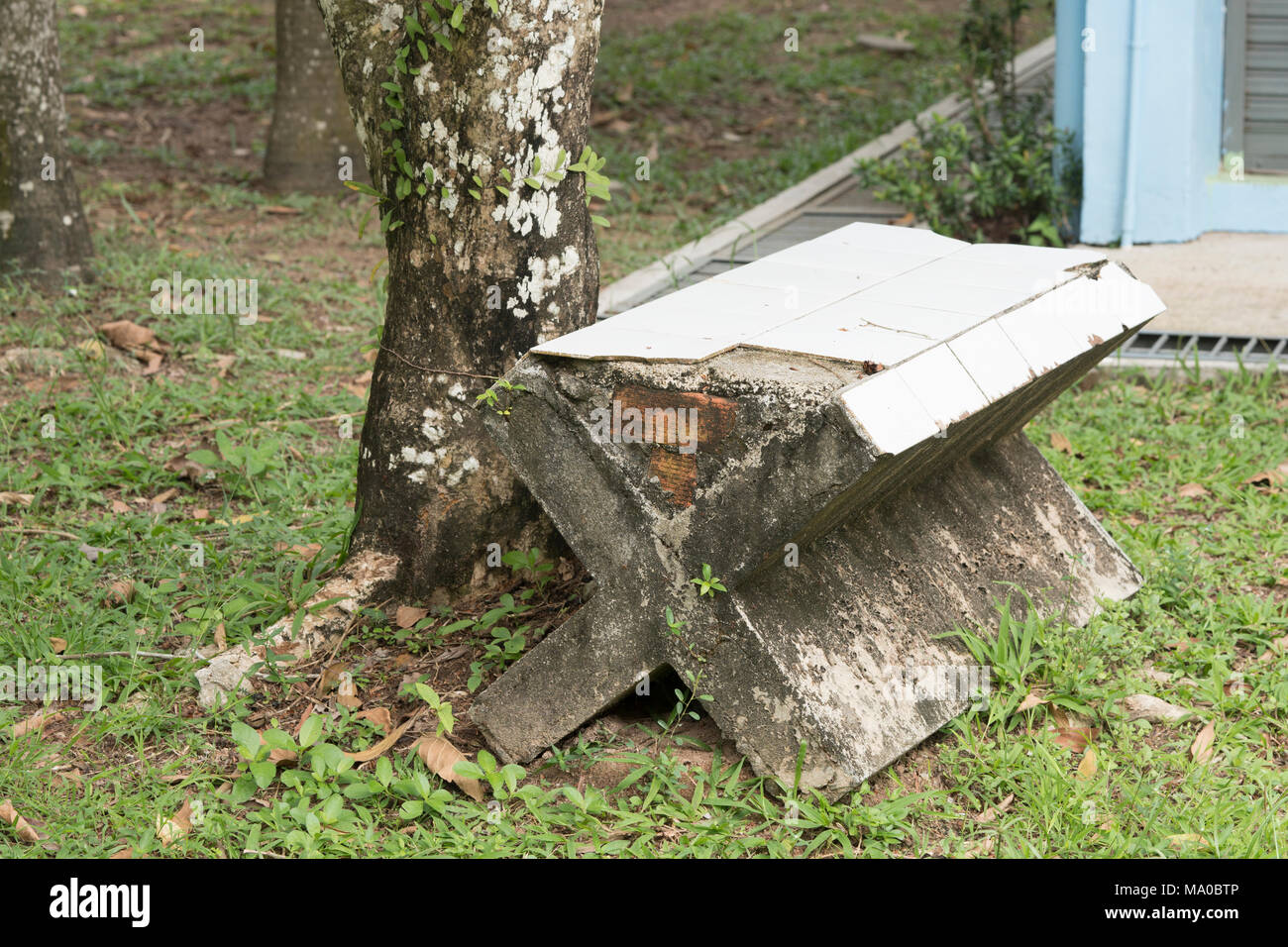 Outdoor Benches In Park Made Of Old Cement Or Bricks Stock Photo