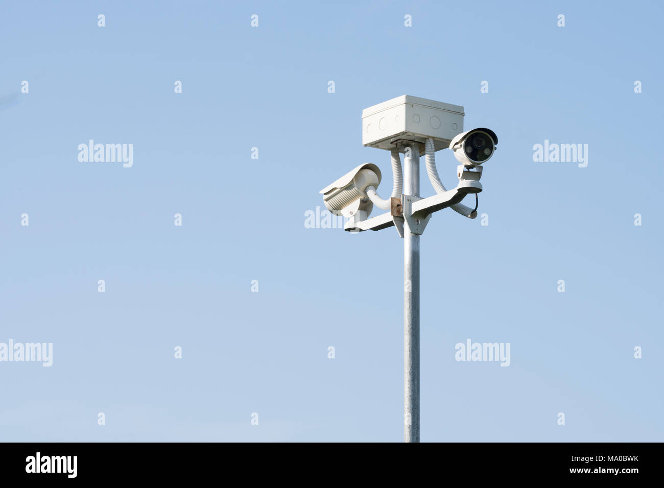 Outdoor CCTV Camera Operating for security in garden , on blue sky background Stock Photo