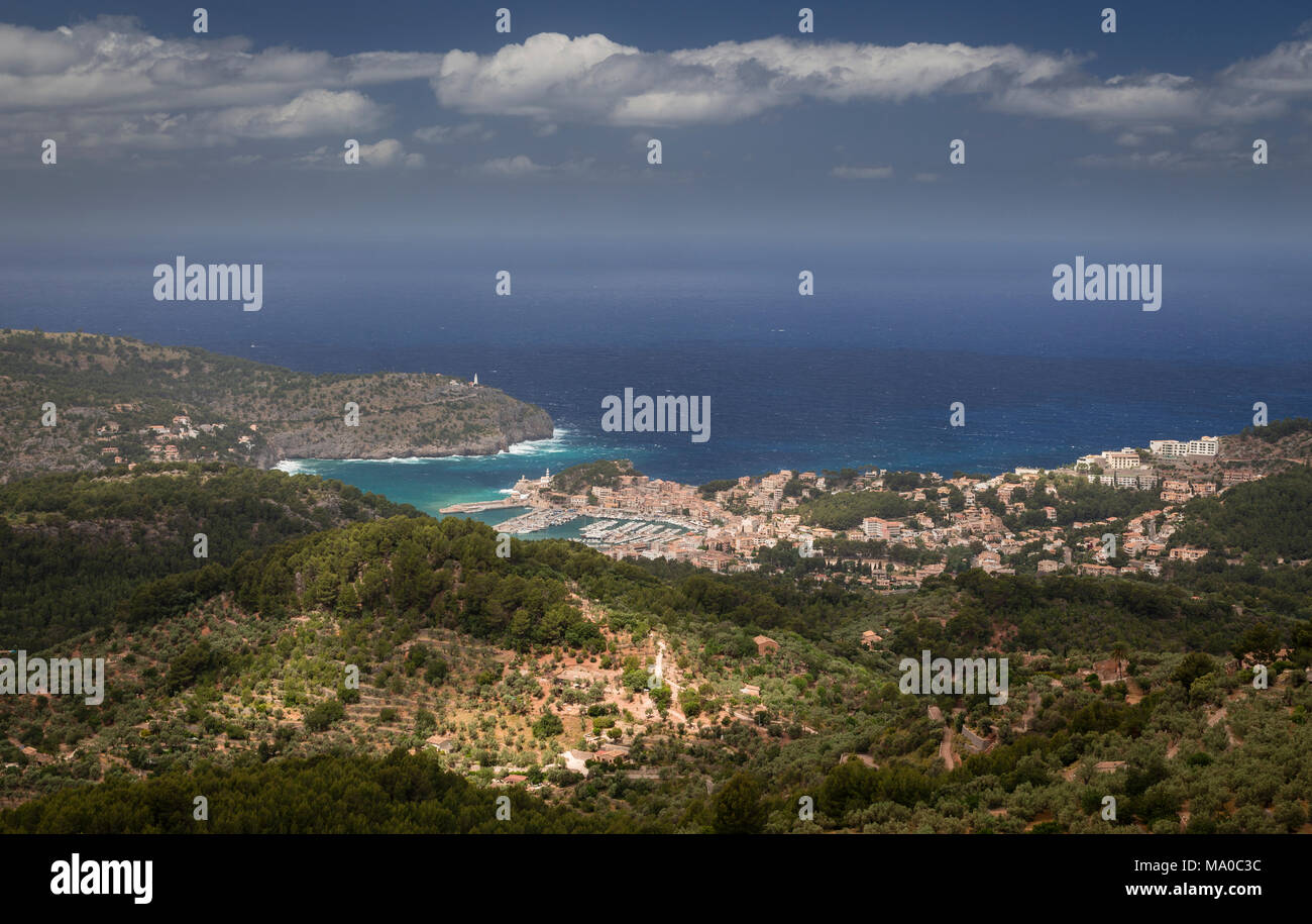Port de Soller on the Mediterranean coast of Mallorca viewed from above Stock Photo