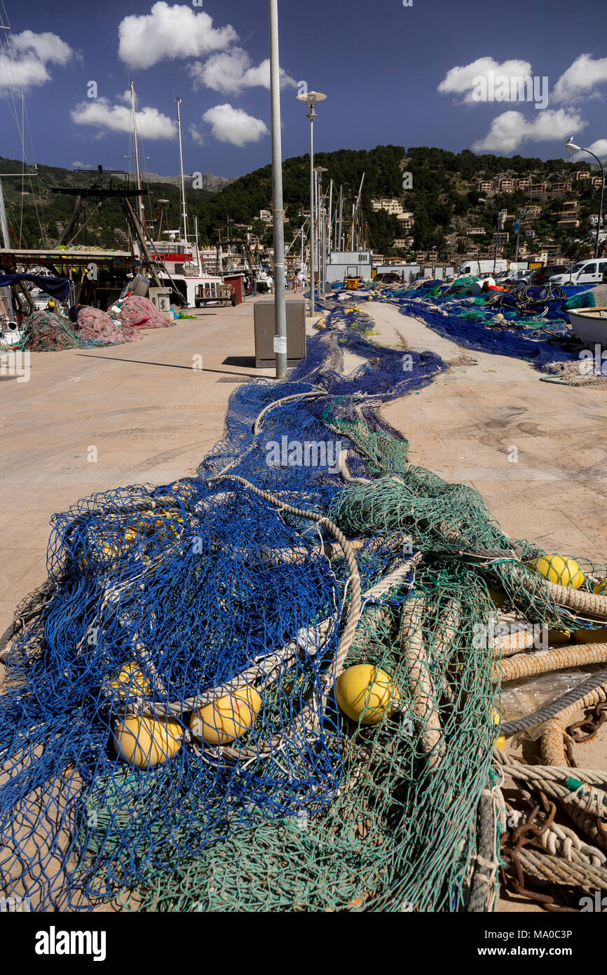 Fishing nets at Port de Soller on the Mediterranean coast of Mallorca Stock Photo
