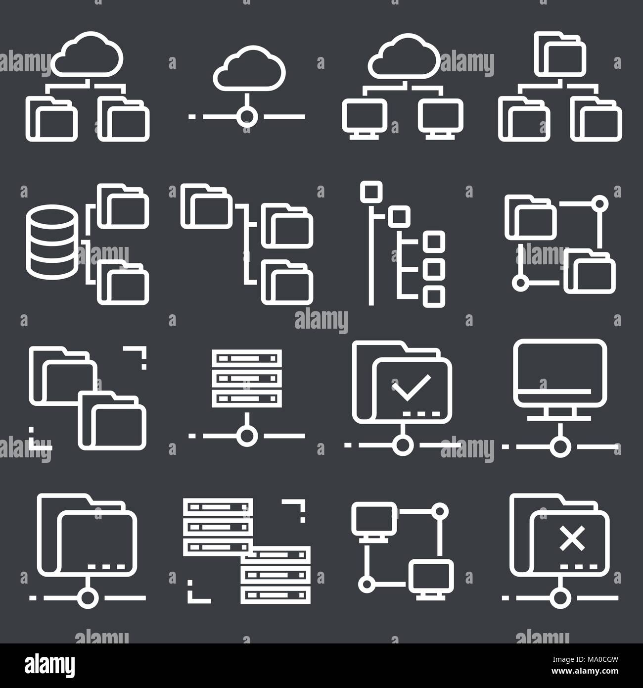 Vector line folder tree icons set on gray background Stock Vector