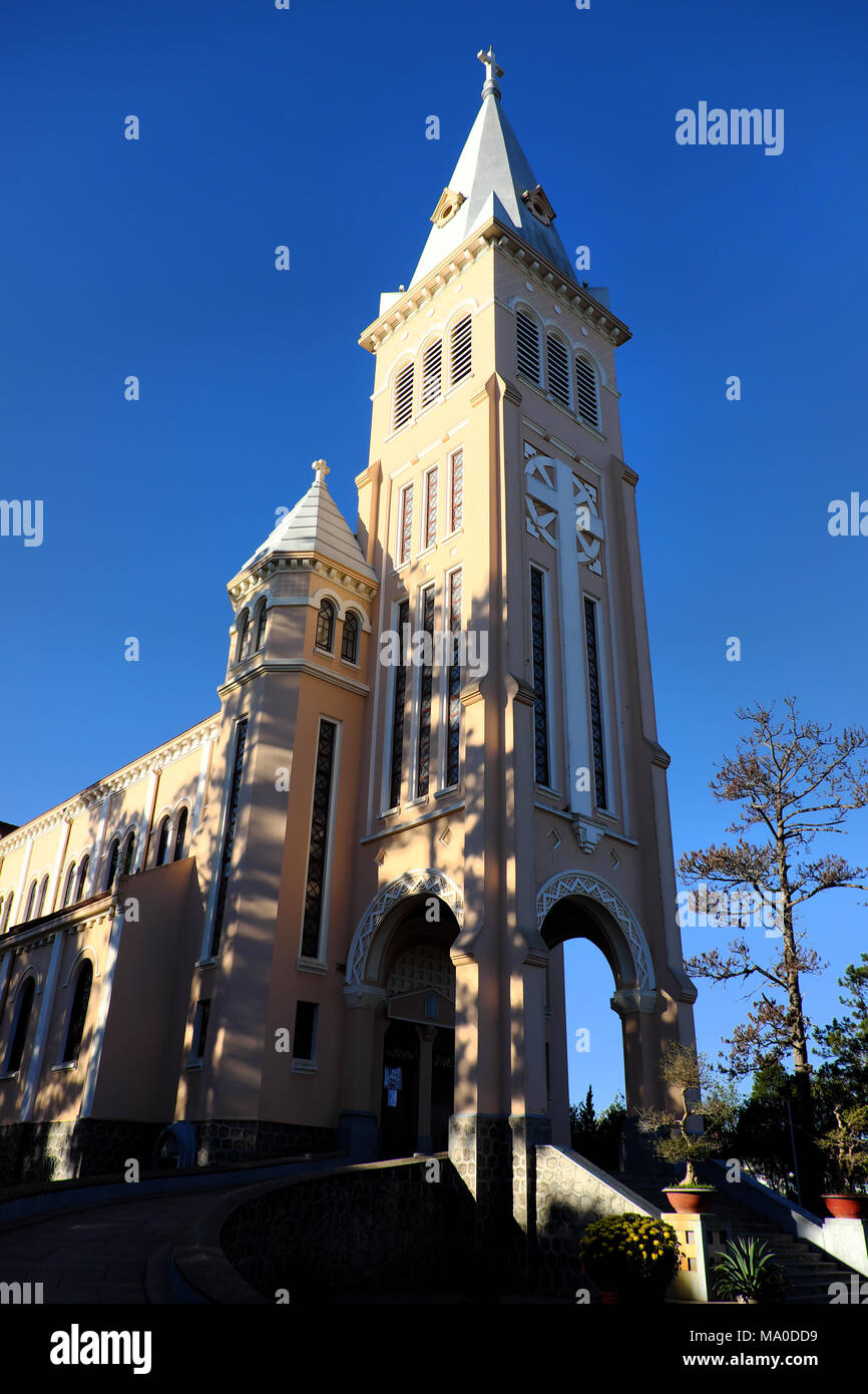 Da Lat Cathedral, an ancient architectural works, French classical architectural style, chicken Church Dalat with statue of rooster on top bell tower Stock Photo