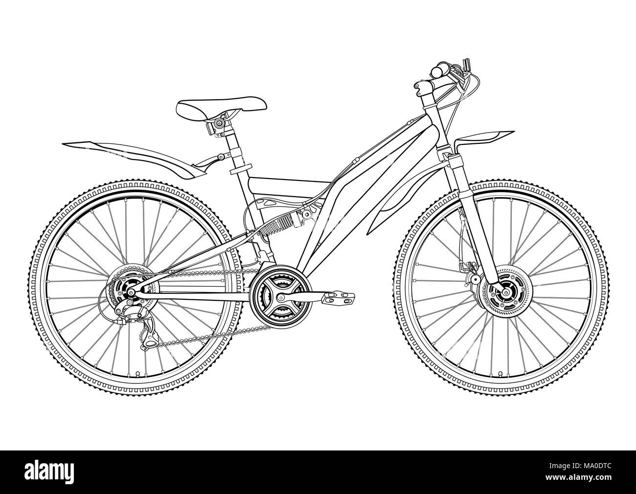 Bicycle vector contour drawing, monochrome, black and white sketch, silhouette, coloring book. Outline picture bike half-face with many multiple detai Stock Vector