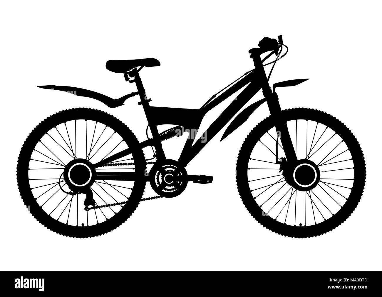 Bicycle vector silhouette, icon, outline drawing. Black contour bike half-face with many multiple details isolated on white Stock Vector
