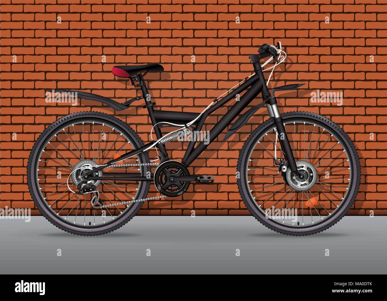 Bicycle vector realistic illustration. Black metallic bike half-face with many multiple detail standing on asphalt against a brick wall background, 3D Stock Vector