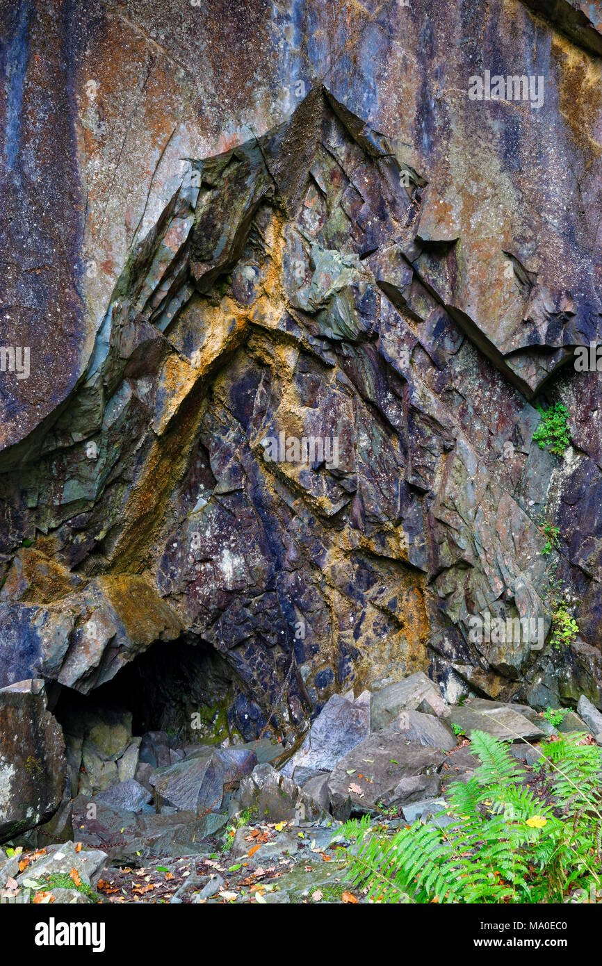 A close up semi abstract view of a rugged rock face in the English Lake District. Stock Photo