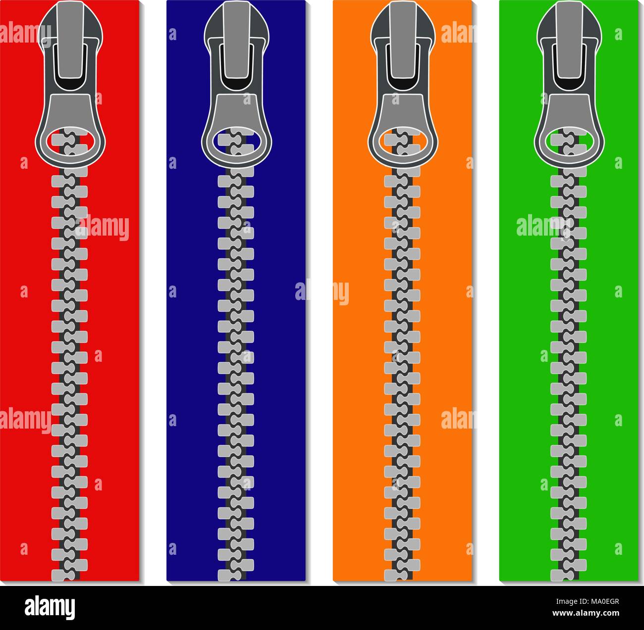 Set of colored zippers for clothes, vector illustration of zippers