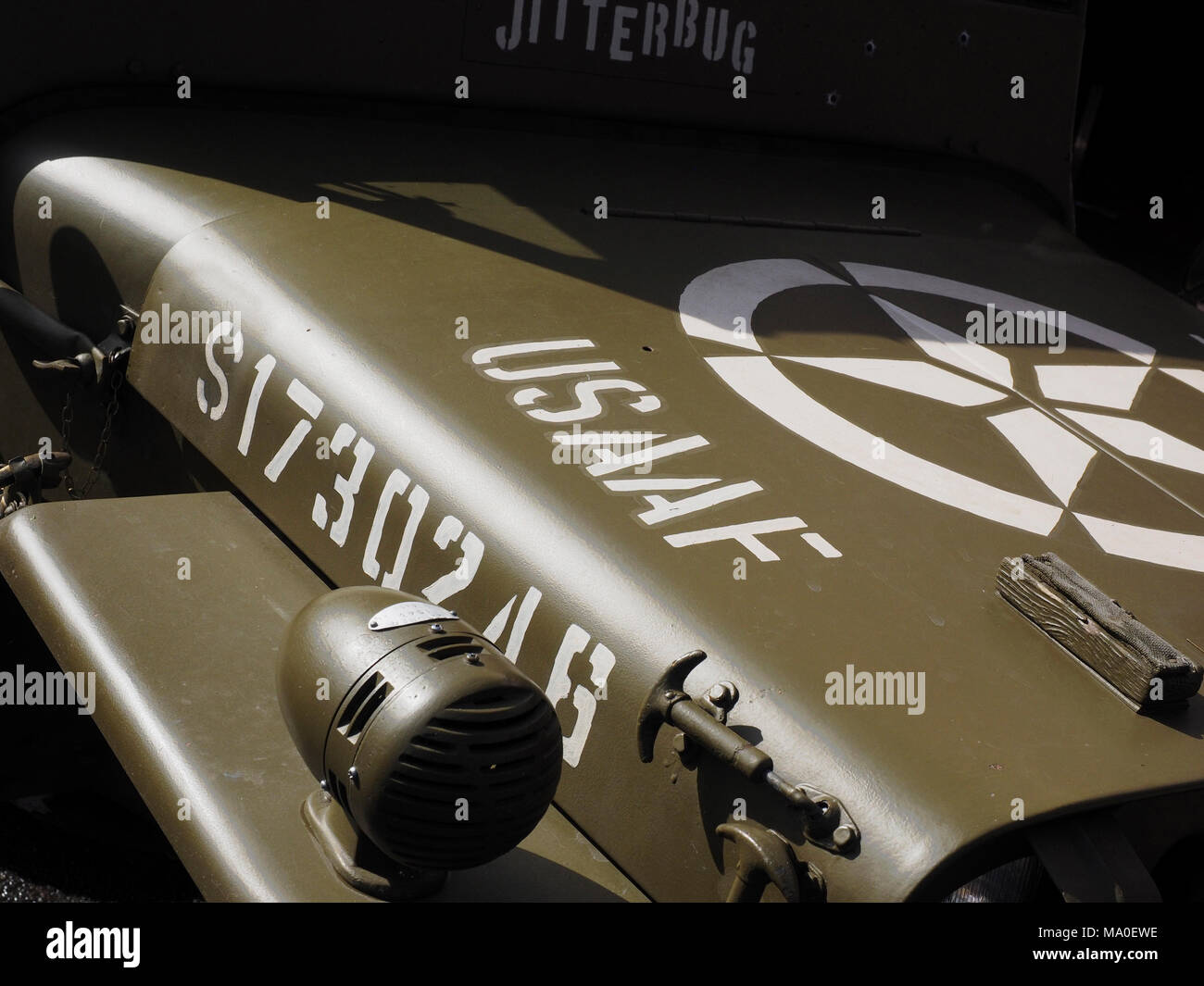 Hood of a WW2 Willys Jeep in USAAF insignia and markings Stock Photo