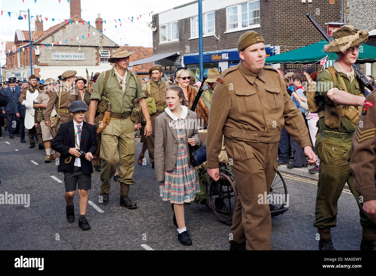 A carnival atmosphere at the 1940's weekend in Sheringham, Sept 2017, part of an event organised by the North Norfolk Railway. Victory parade. Stock Photo