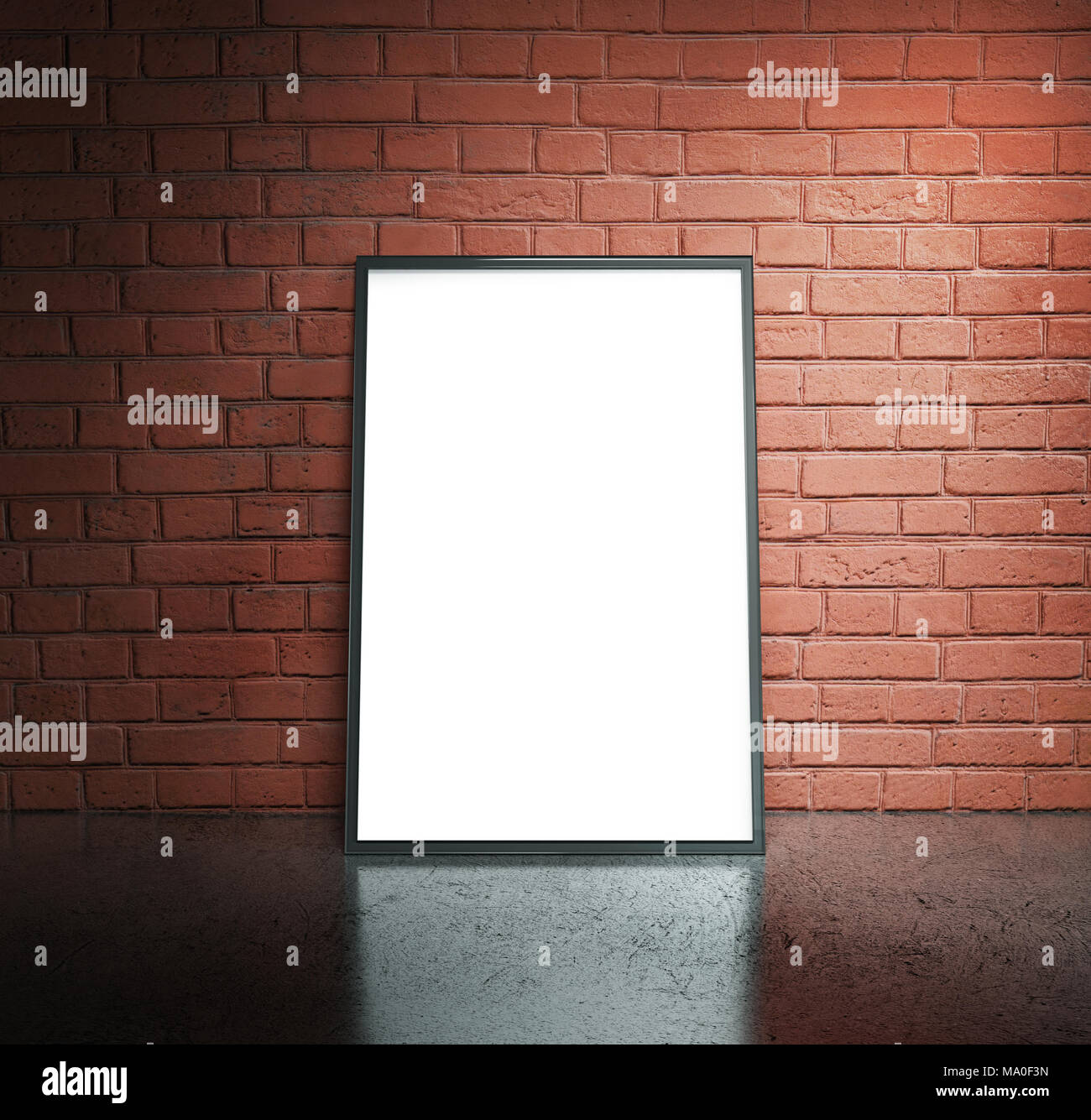 Blank White Paper Poster In Black Frame At Red Brick Wall And