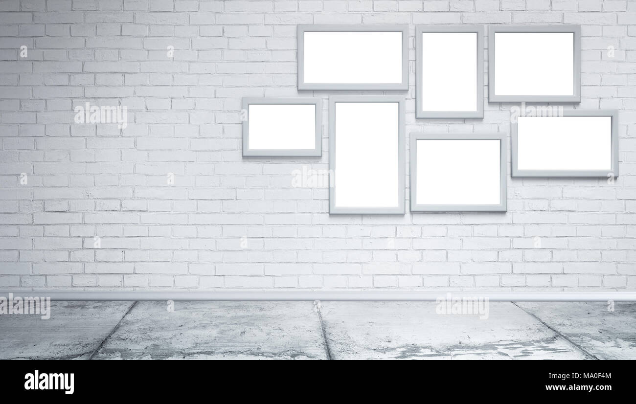 Blank white photo frames at white brick wall and concrete floor. Grungy interior, poster mock up. Presentation for artwork. 3d rendering illustration Stock Photo