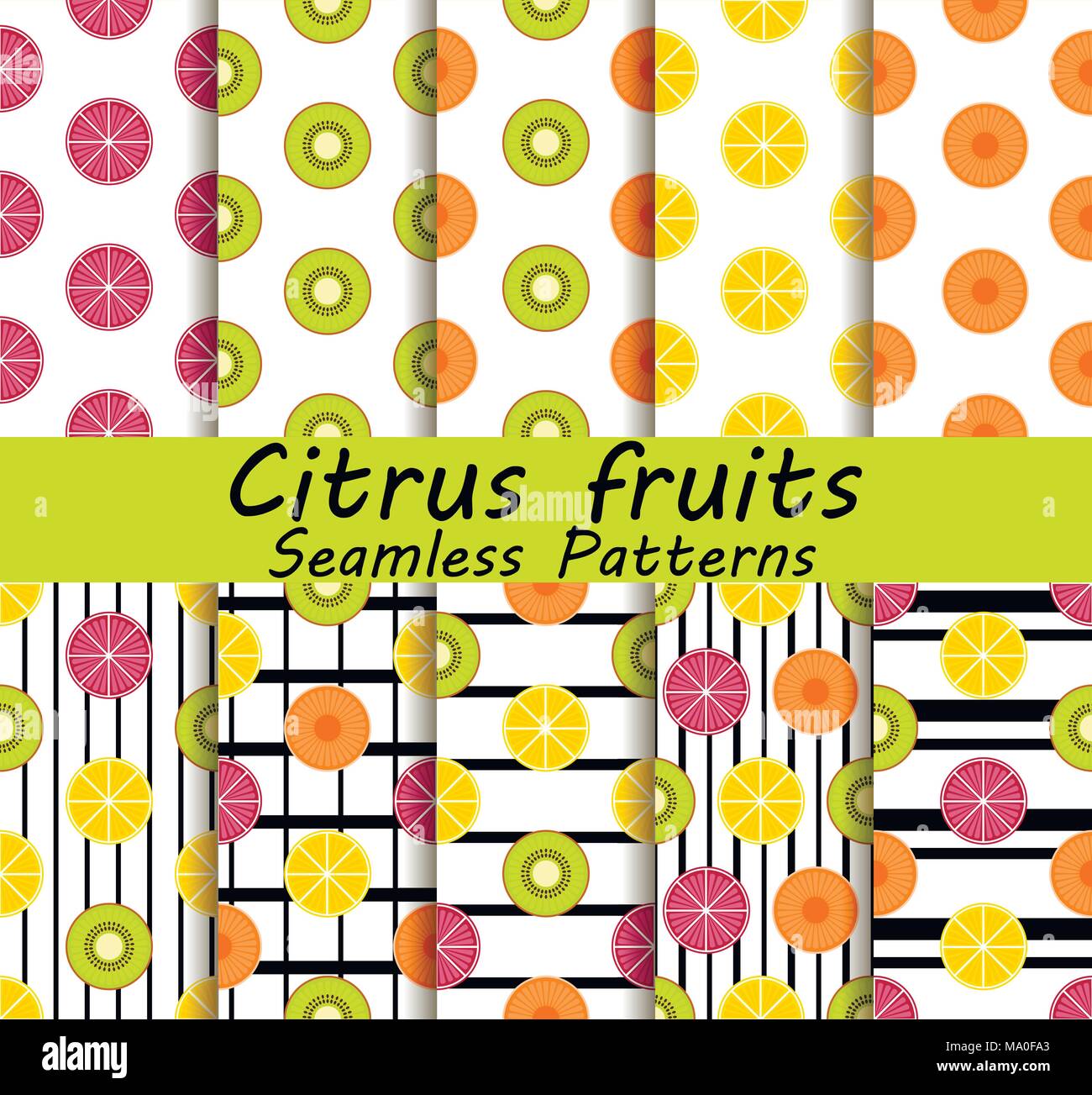 Citrus fruits seamless pattern set. Orange, kiwi and lemon. Fruits with ...