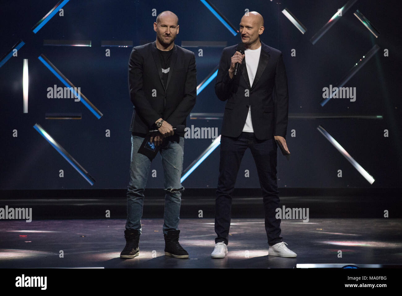 Norway, Oslo - February 25, 2018. The Norwegian producer duo Stargate present an award during the Norwegian Grammy Awards, Spellemannprisen 2017, at Oslo Konserthus in Oslo. (Photo credit: Gonzales Photo - Stian S. Moller). Stock Photo