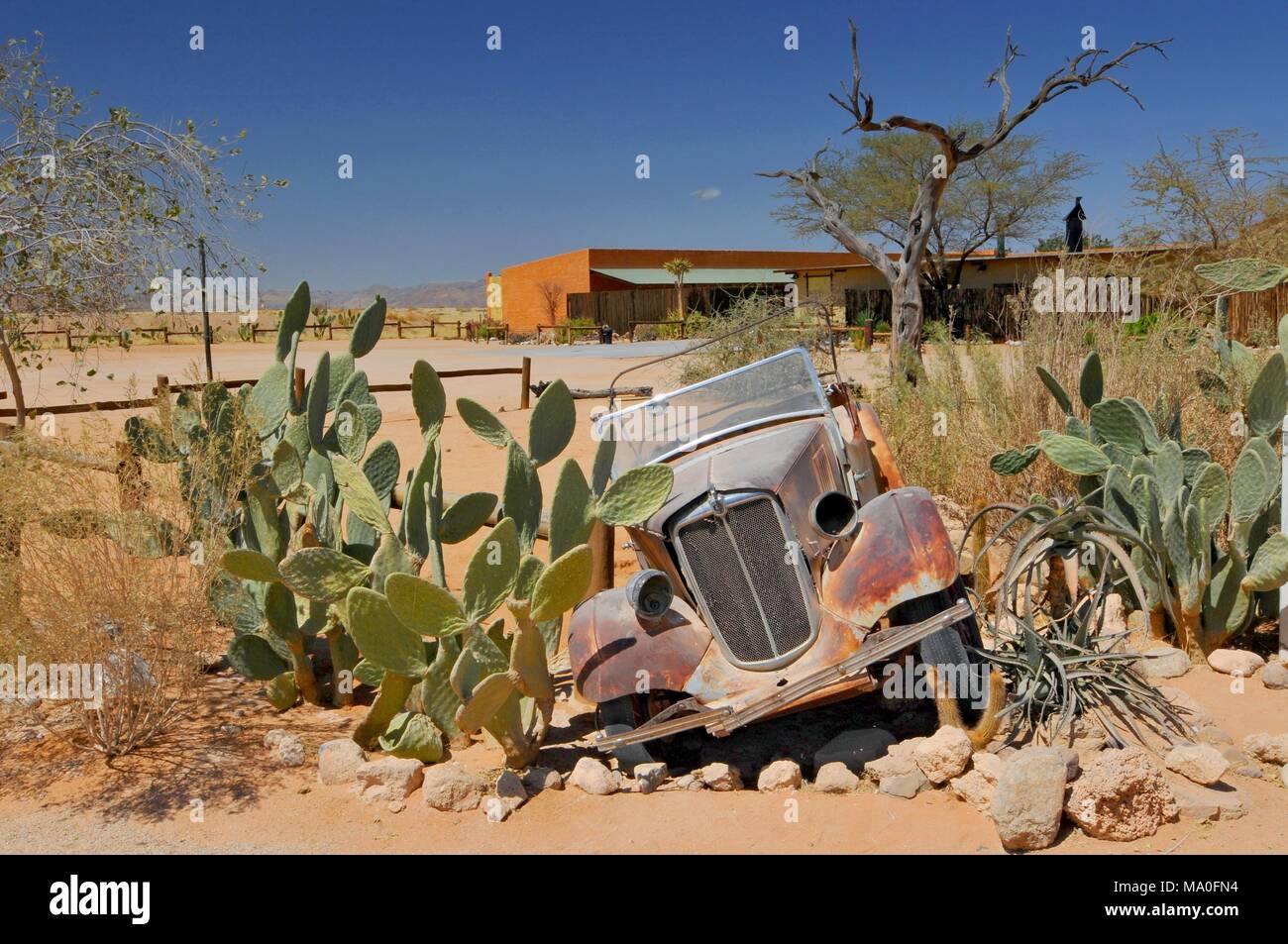Old and rusty car wreck at the last gas station before the Namib desert ...