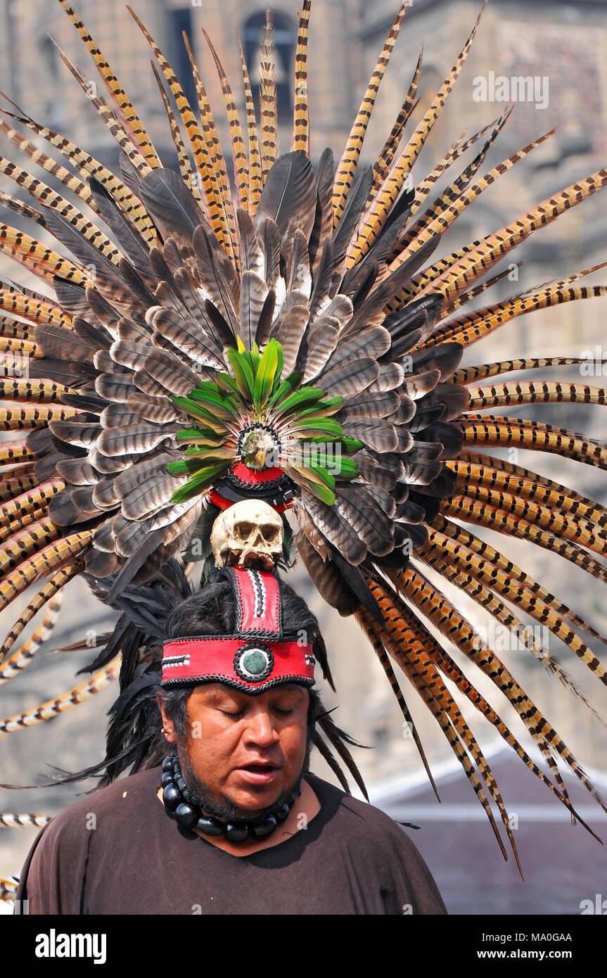 An Aztec dancer during a ceremony in the Zocalo in Mexico City. Stock Photo