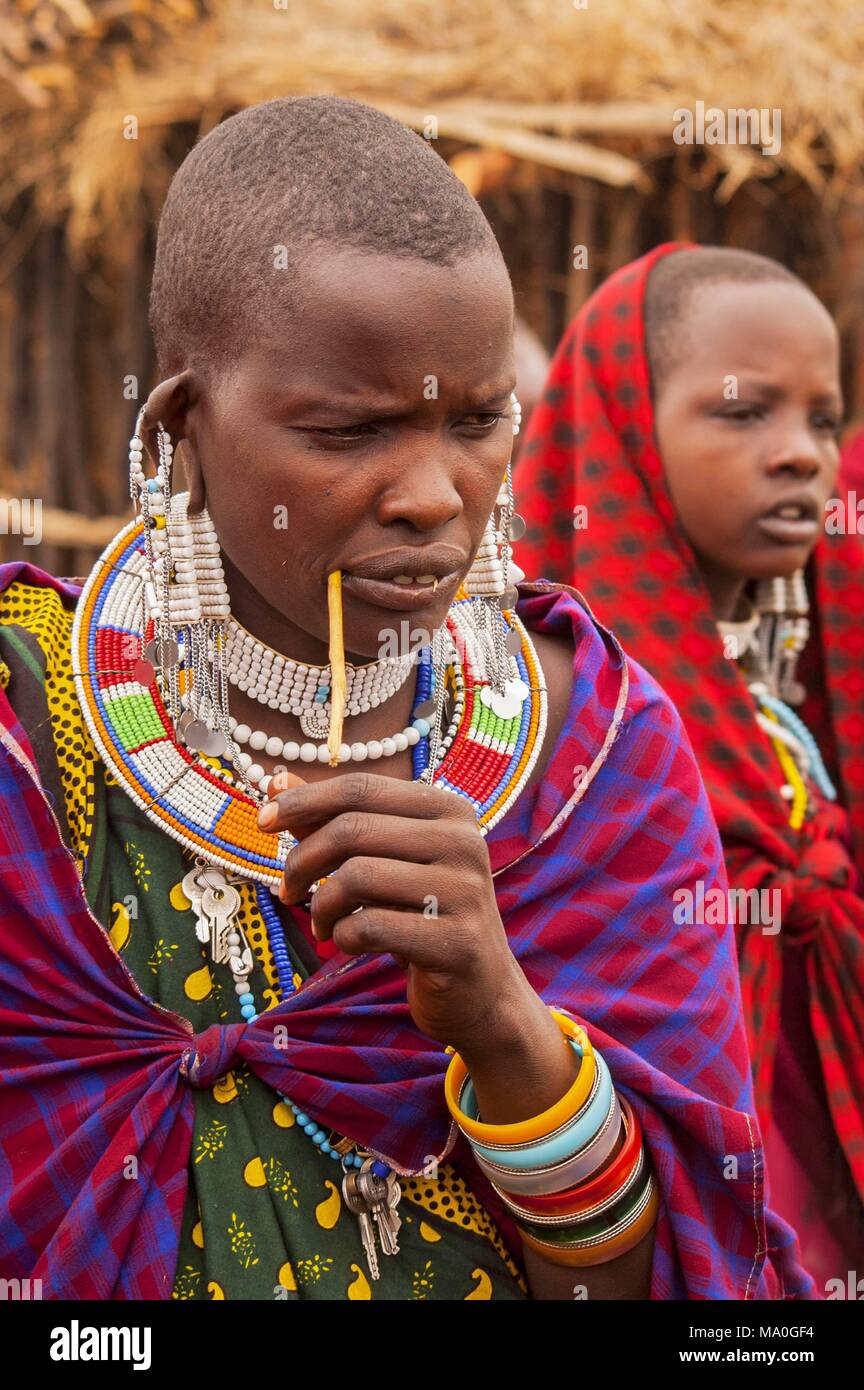 Massai woman with traditional clothes and jewellery, Kenya, Africa
