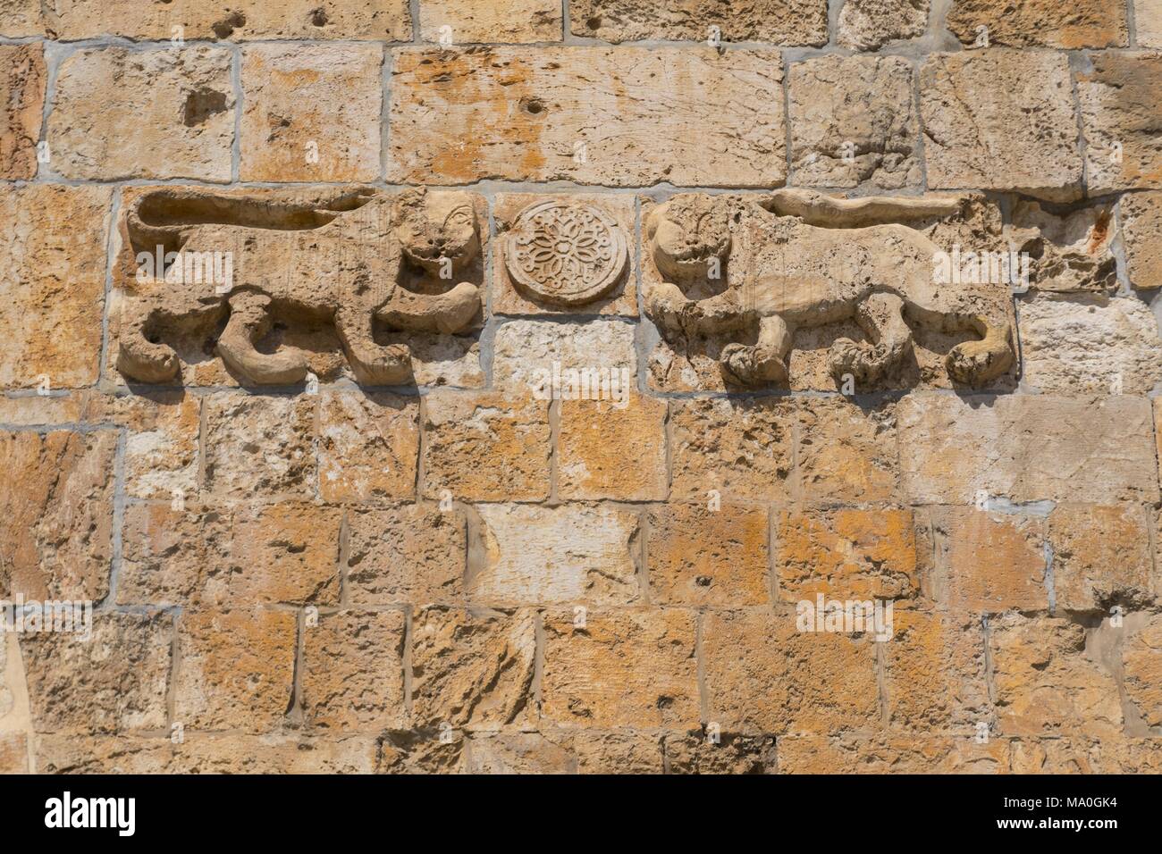 Relief on the Lions Gate, entrance to the Muslim quarter of the Old City in Jerusalem, Israel. Stock Photo