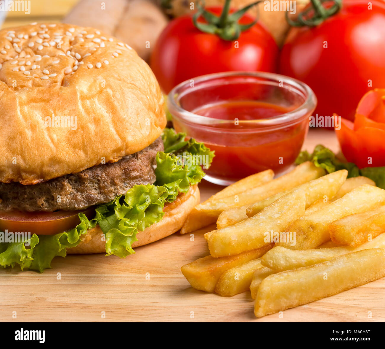 Burger Chips Dinner Indicating Ready To Eat And French Fries Stock