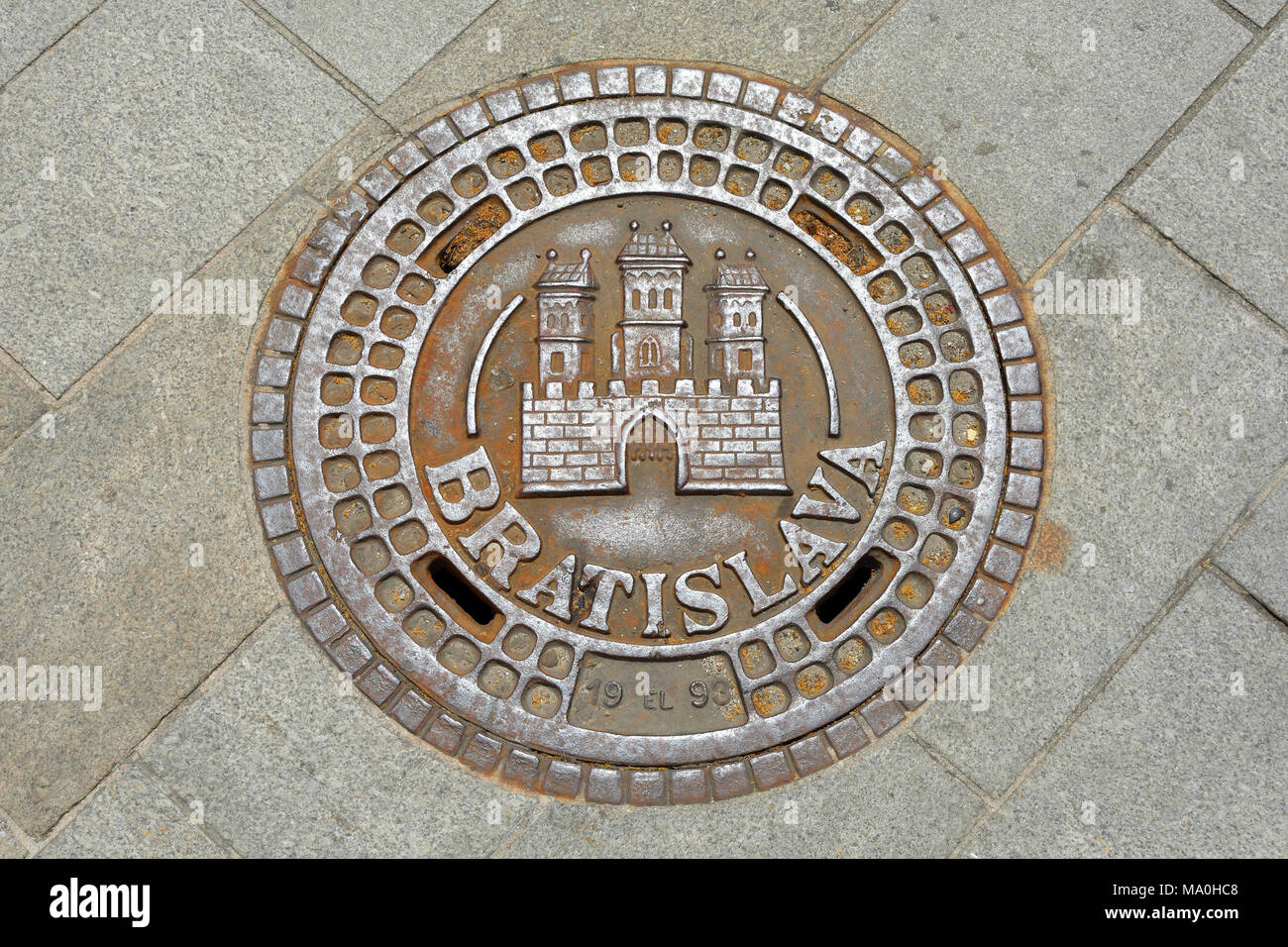 Man hole cover in the Slovak capital Bratislava - Slovakia. Stock Photo