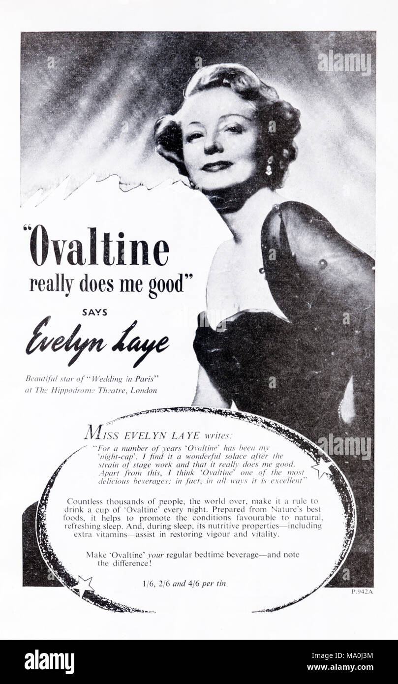 The actress Evelyn Laye in a 1950s advertisement advertising Ovaltine. Stock Photo