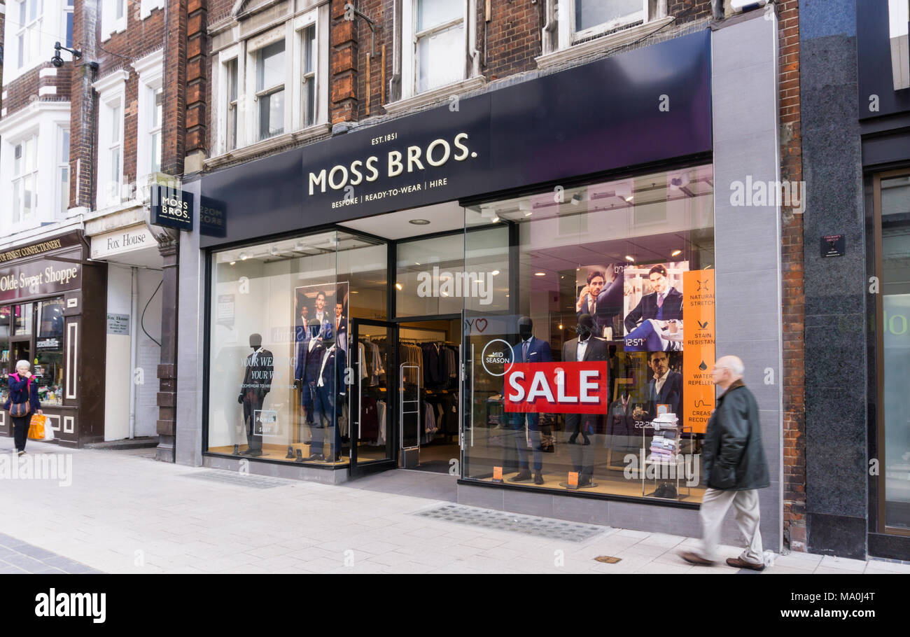 A branch of Moss Bros menswear shops in Bromley High Street, South London. Stock Photo