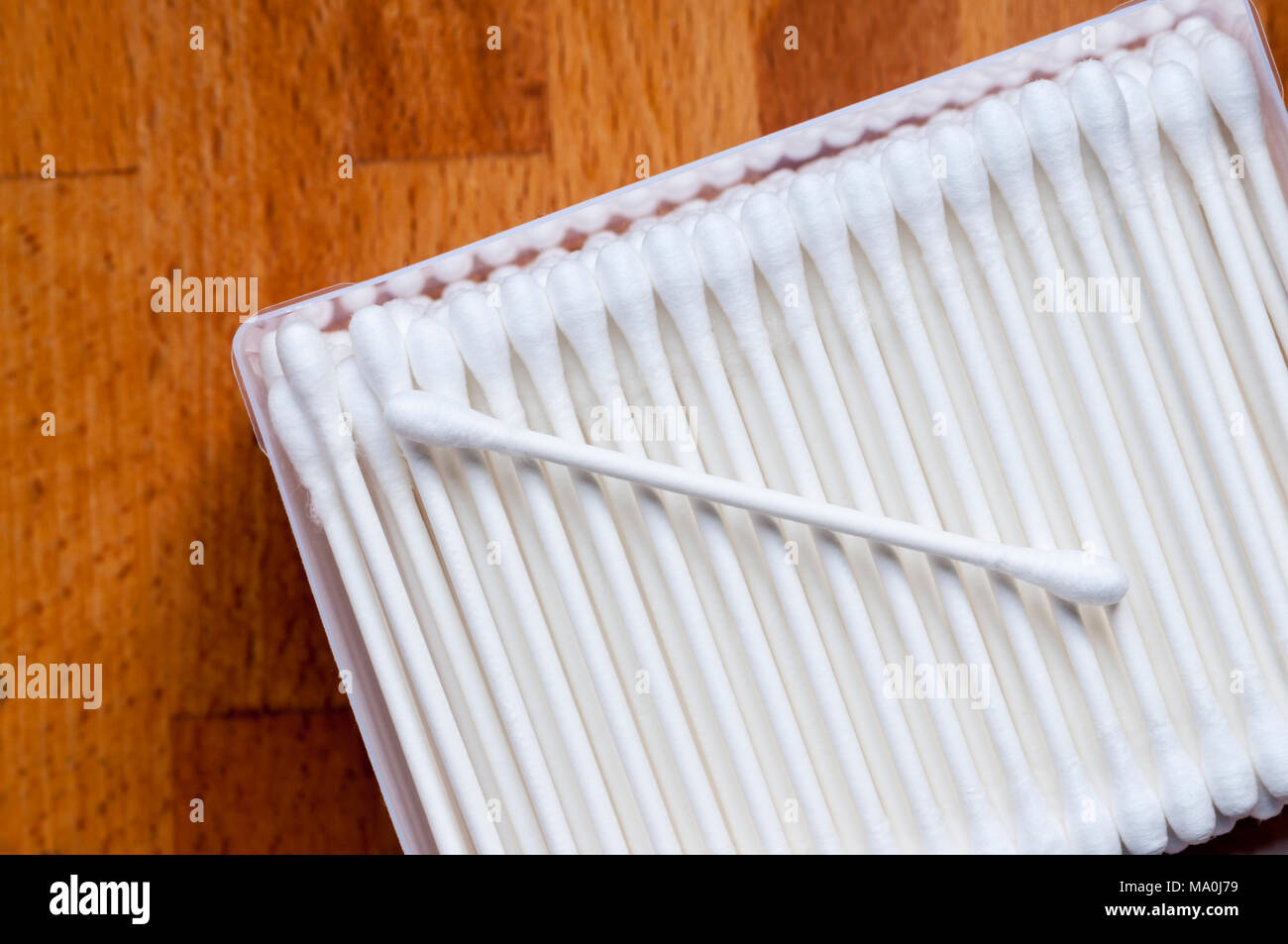 A box of cotton buds with paper sticks to avoid plastic pollution. Stock Photo
