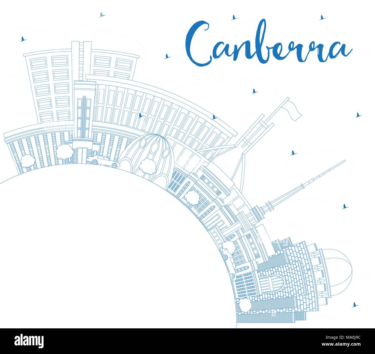 Outline Canberra Australia City Skyline with Blue Buildings and Copy Space. Vector Illustration. Business Travel and Tourism Concept Stock Vector