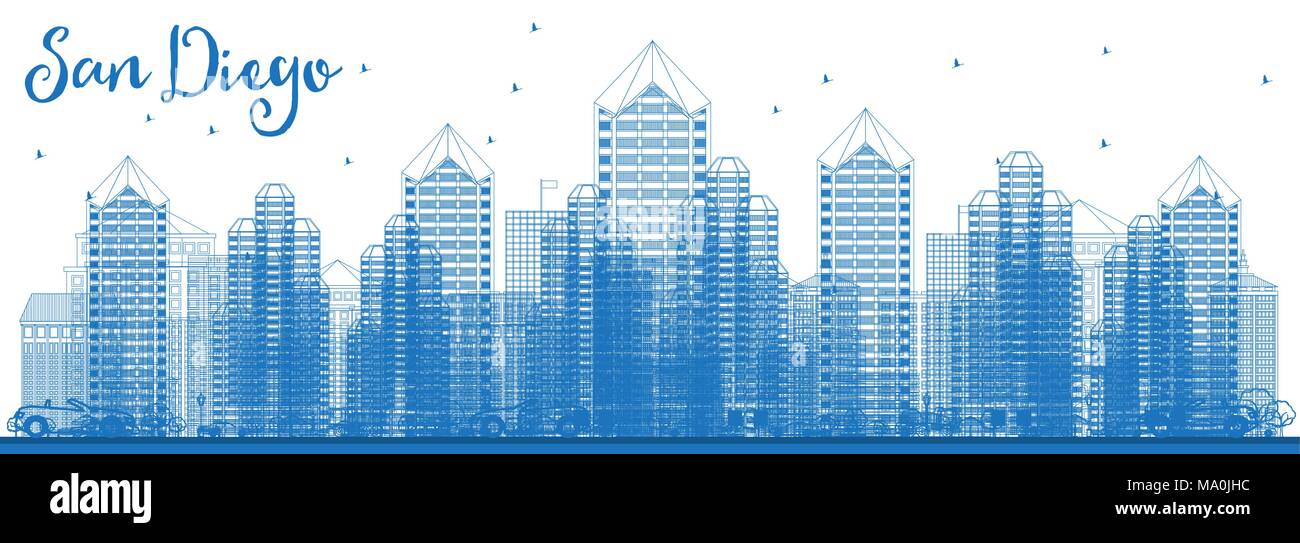 Outline San Diego California USA City Skyline with Blue Buildings. Vector Illustration. Business Travel and Tourism Concept with Modern Architecture.  Stock Vector