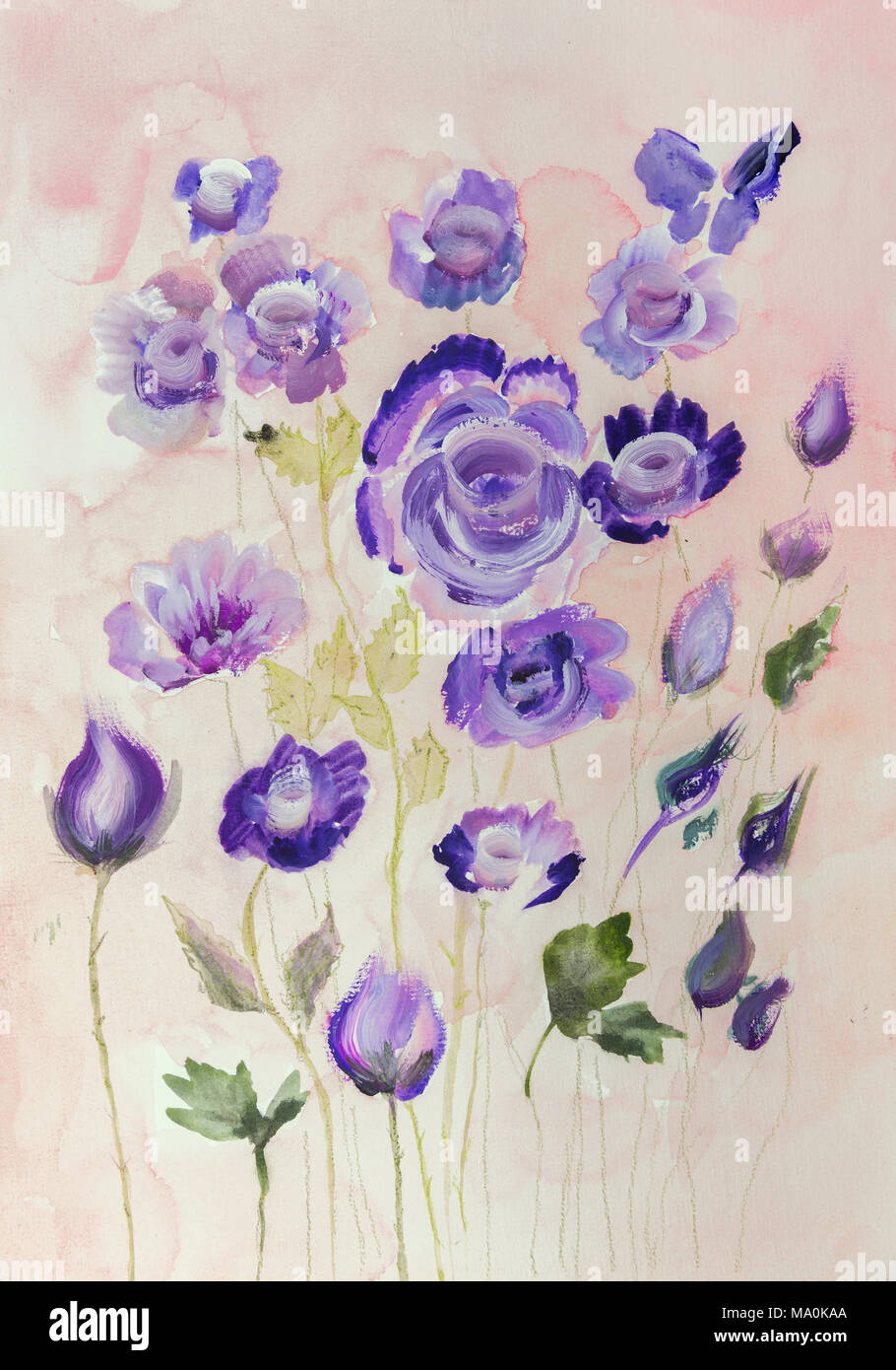 Lilac roses on a pink background. The dabbing technique near the edges gives a soft focus effect due to the altered surface roughness of the paper. Stock Photo