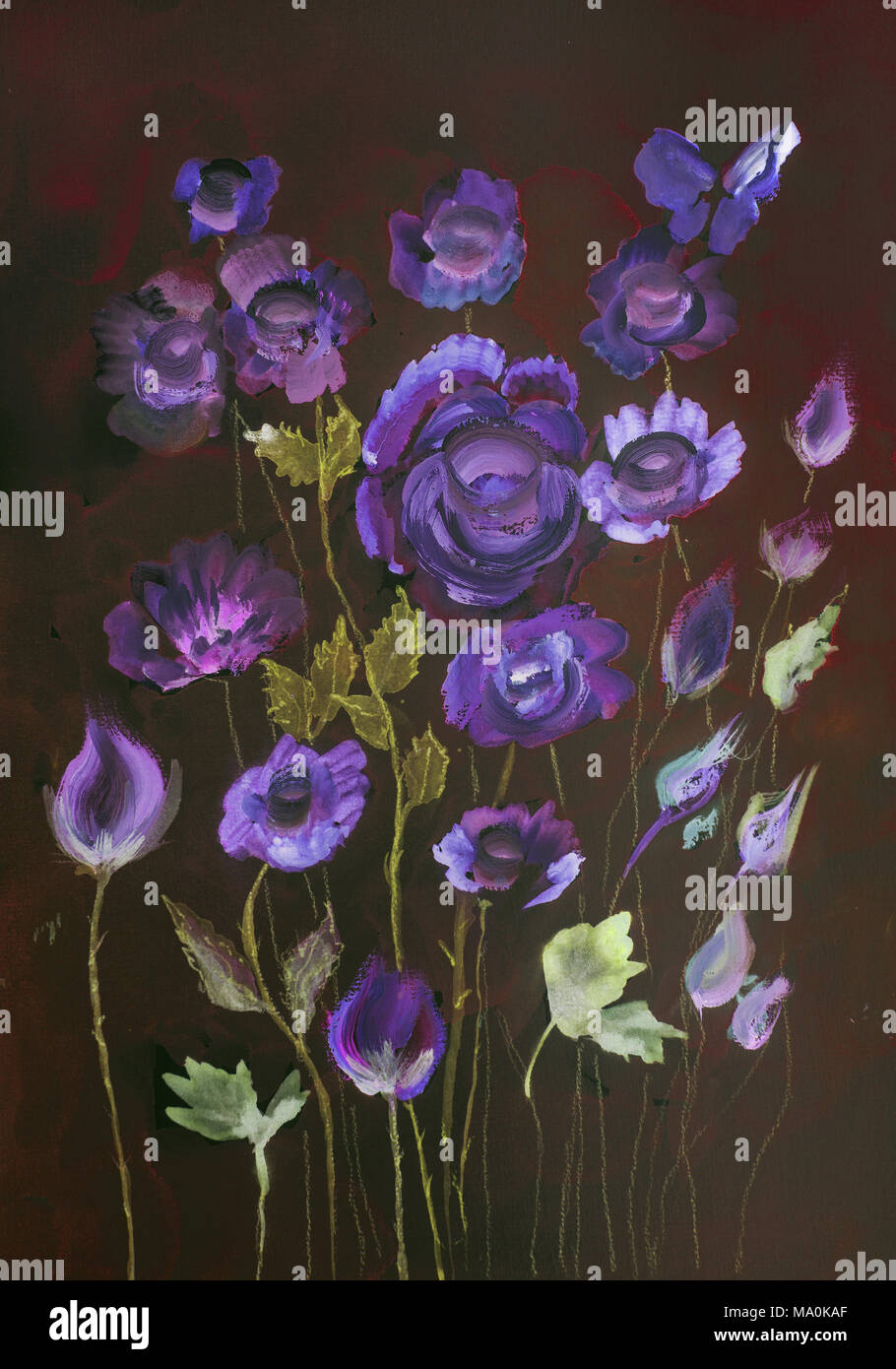 Purple roses on a wine red background. The dabbing technique near the edges gives a soft focus effect due to the altered surface roughness of the pape Stock Photo
