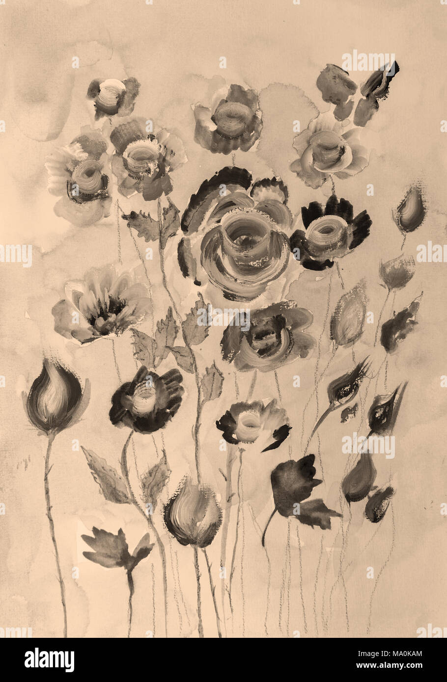 Vintage roses in sepia tones. The dabbing technique near the edges gives a soft focus effect due to the altered surface roughness of the paper. Stock Photo