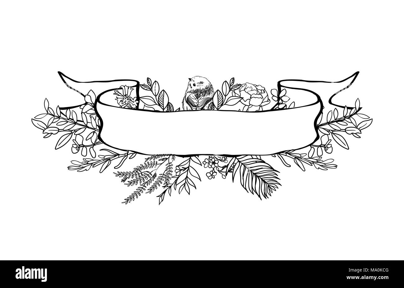 Hand Drawn Vector Vintage Floral Banners Sketch Ink Illustration