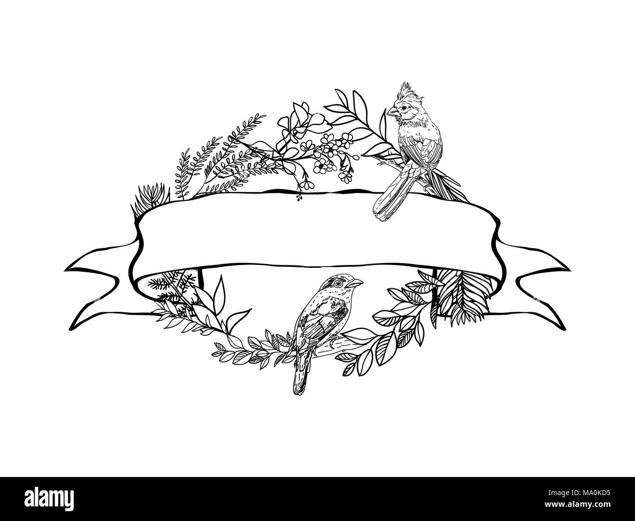 Hand Drawn Vector Vintage Floral Banners Sketch Ink