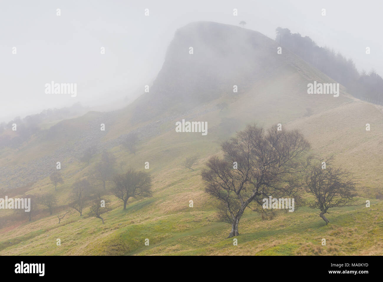 Back Tor in the Hope Valley part of the Peak District national park, seen through a veil of thick fog on a spring morning in April. Stock Photo
