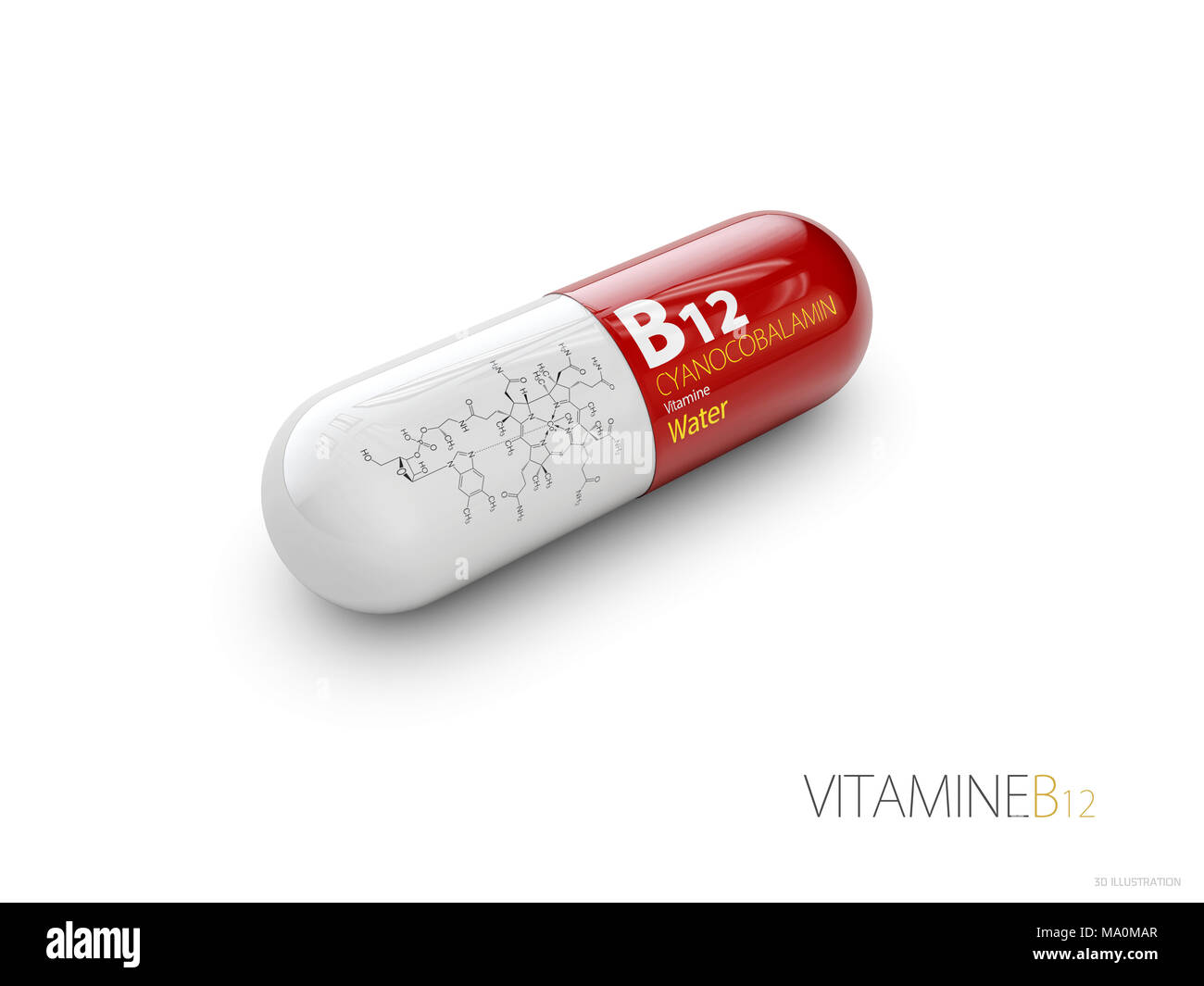 3d Illustration of Vitamin B12 Capsule with formule, isolated white