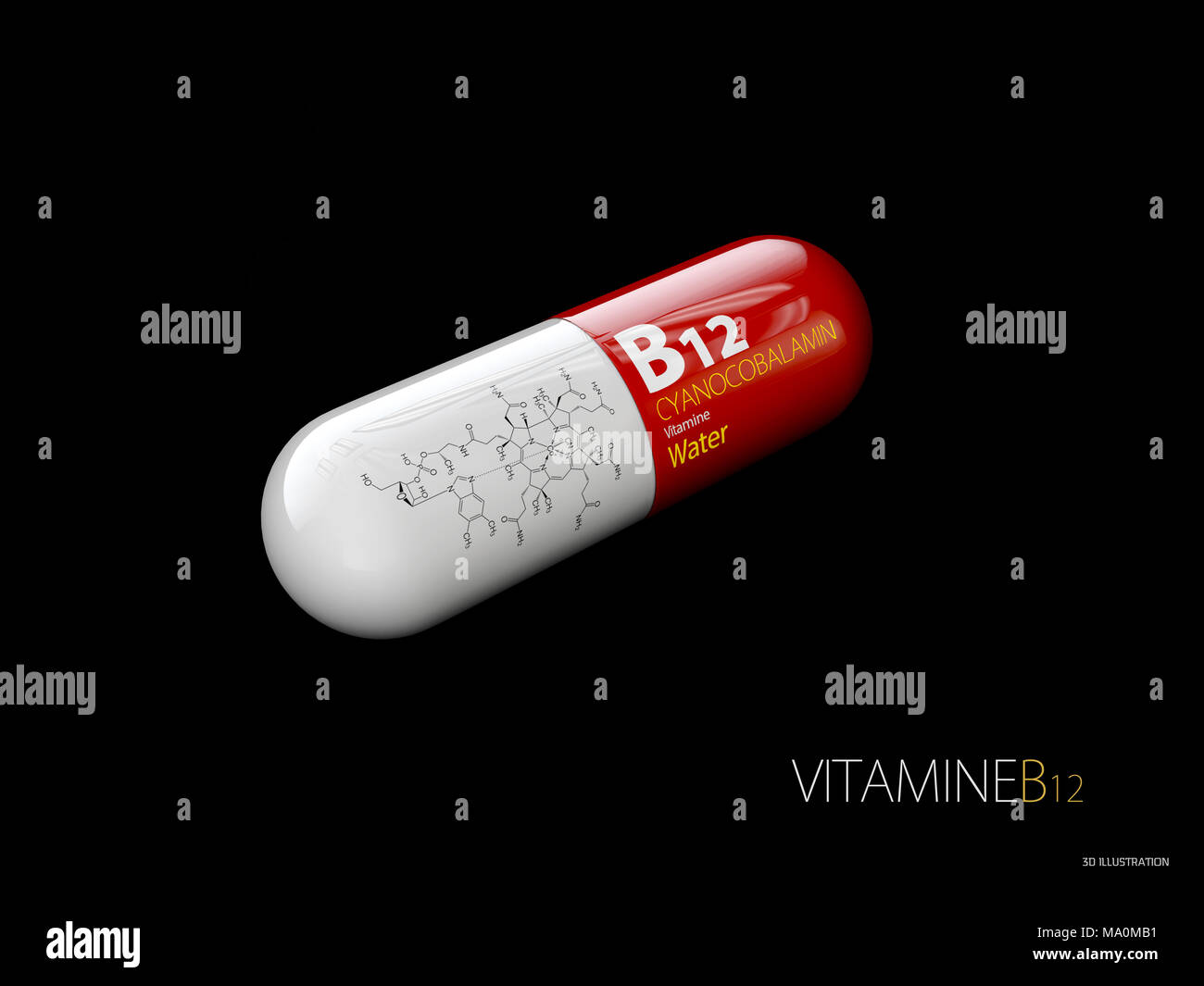 3d Illustration of Vitamin B12 Capsule with formule, isolated black