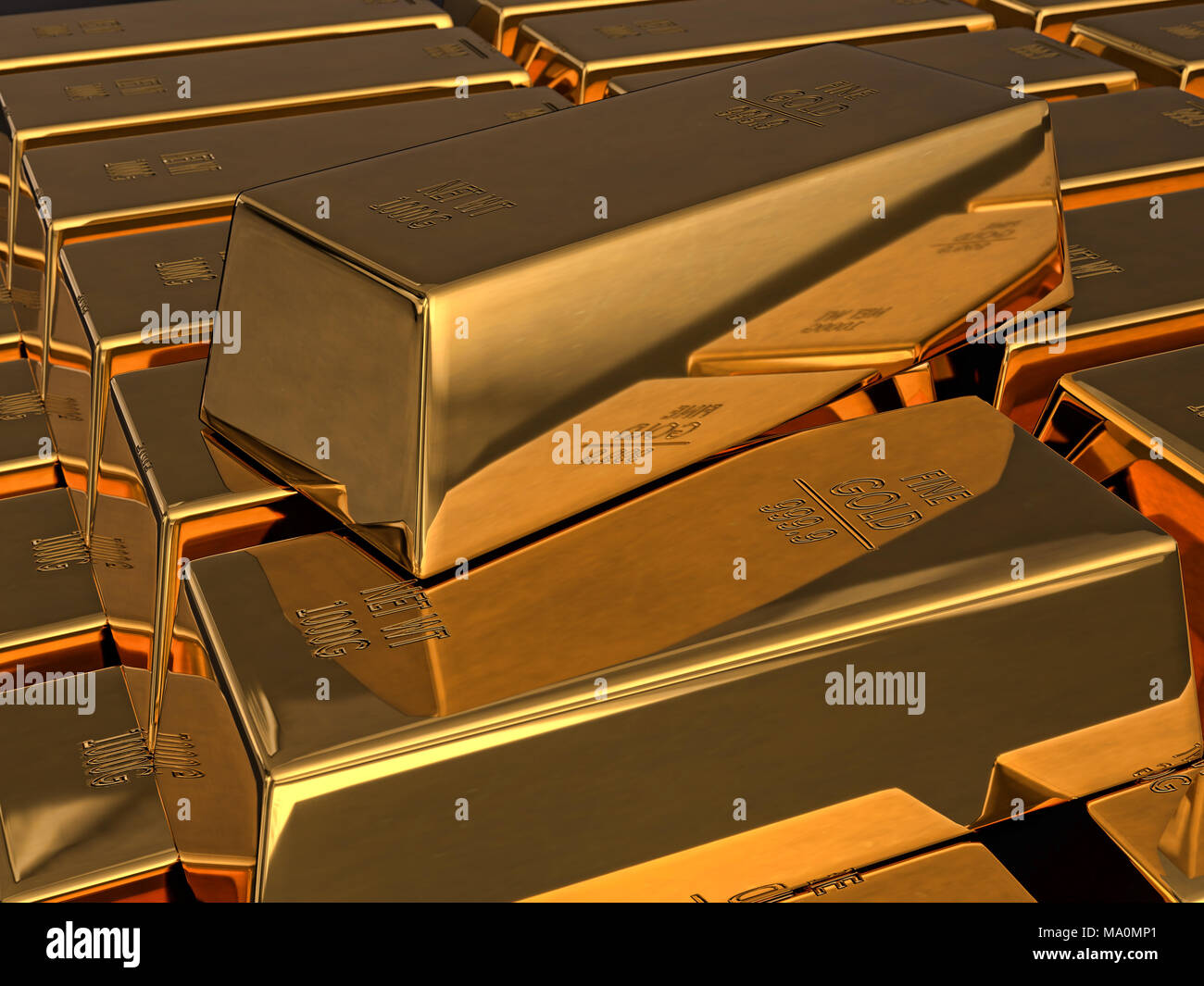 3D rendering of stacked fine gold ingots Stock Photo - Alamy