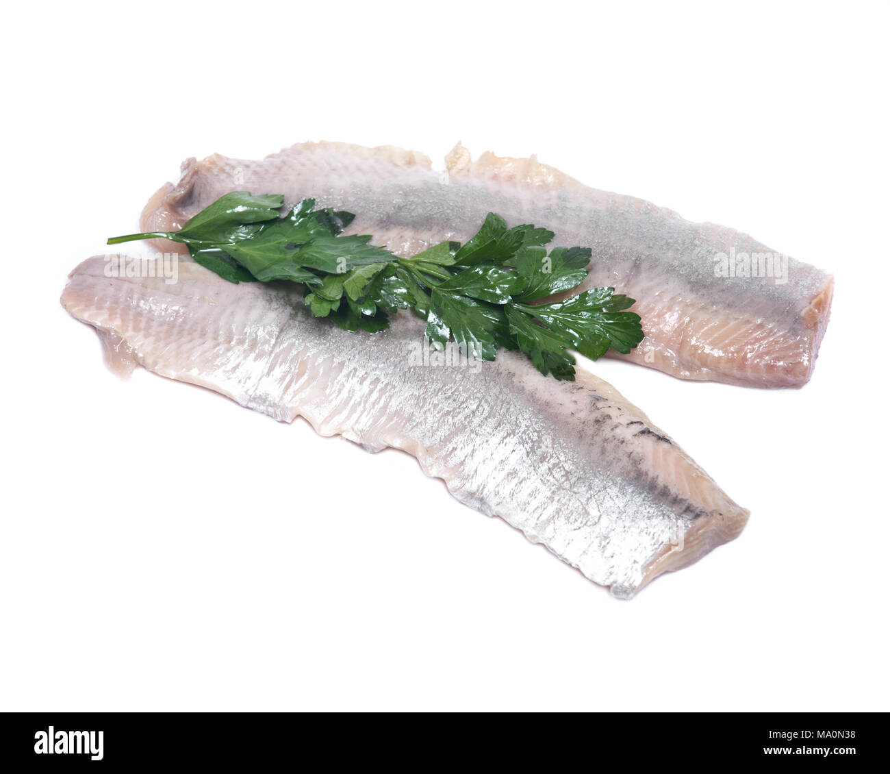 Matjes herring fillets with parsley isolated on white background Stock