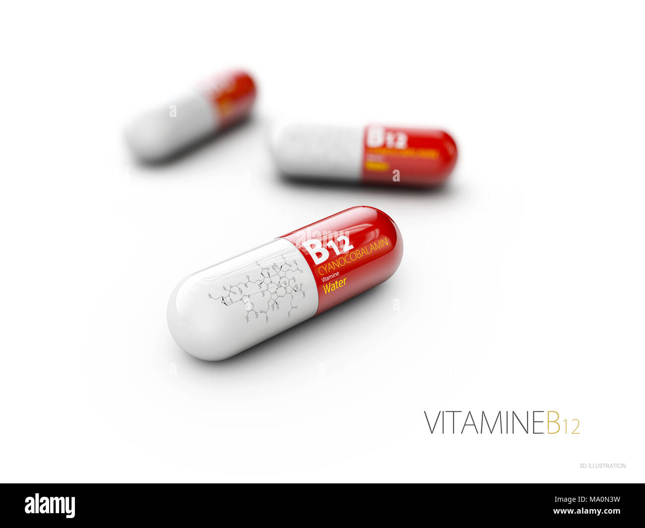 3d Illustration of Vitamin B12 Capsule with formule, isolated white