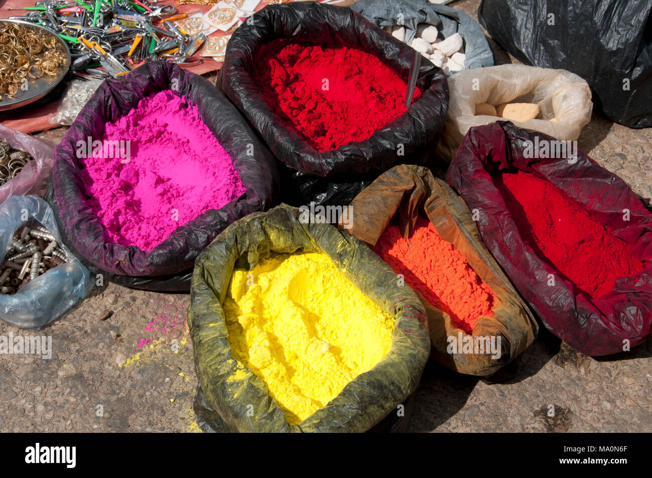 Nepal 2014. Khandbari. Brightly coloured dyes on sale. Stock Photo