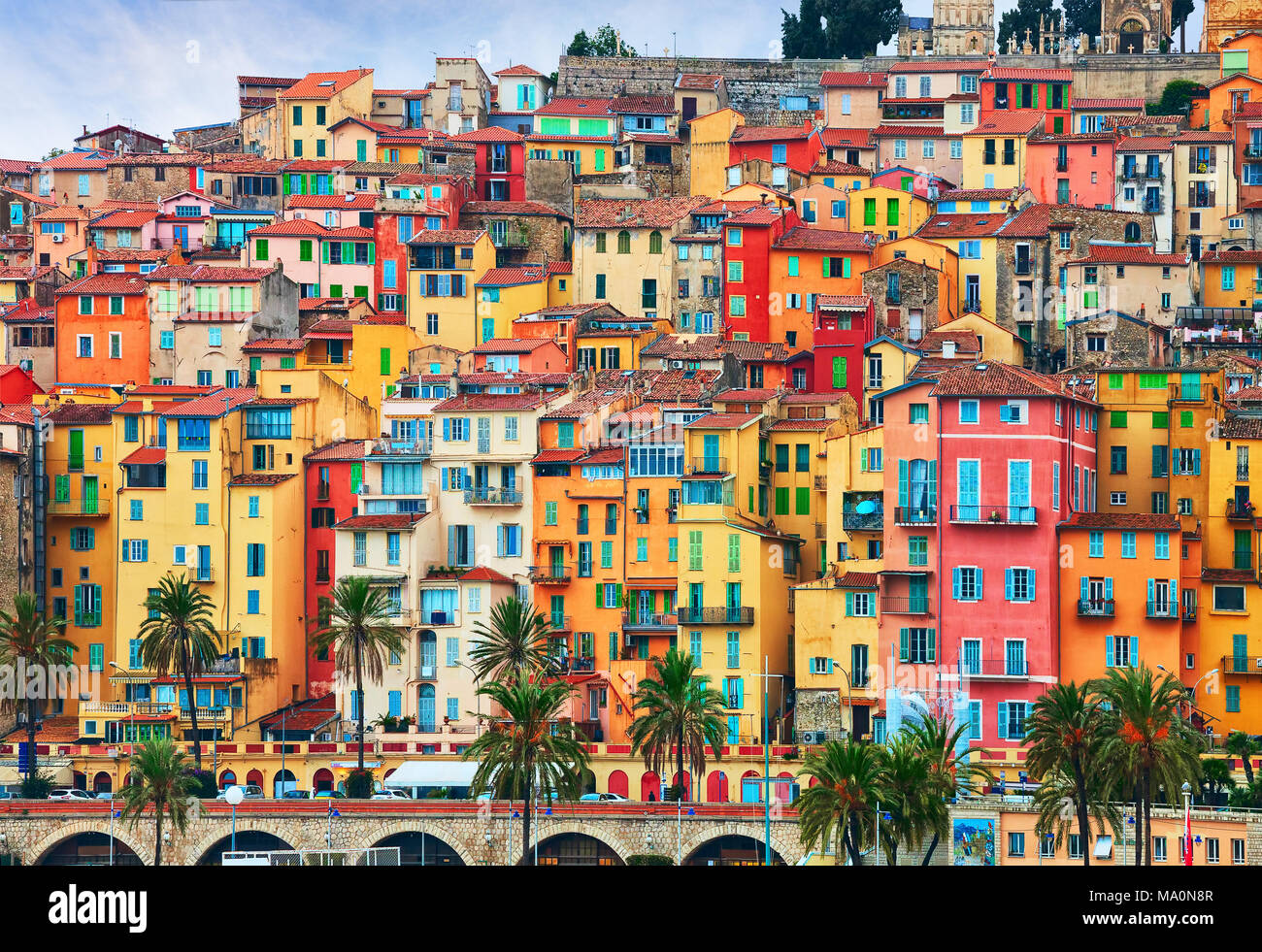 Colorful houses in old part of Menton, French Riviera, France Stock