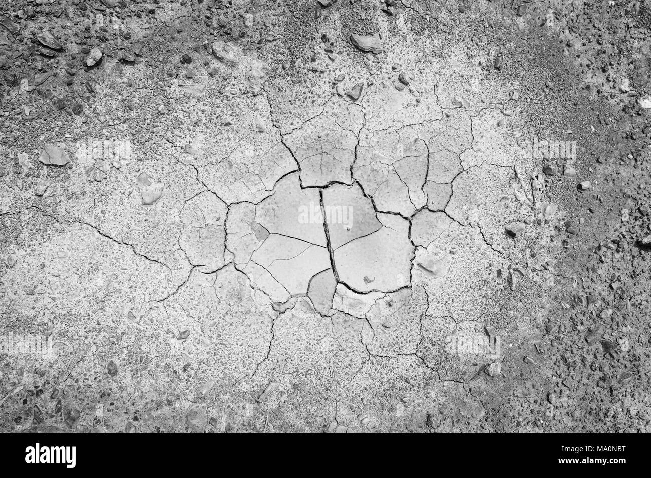 Stones and dry and cracked soil ground during drought, viewed from above in black and white with vignette. Stock Photo