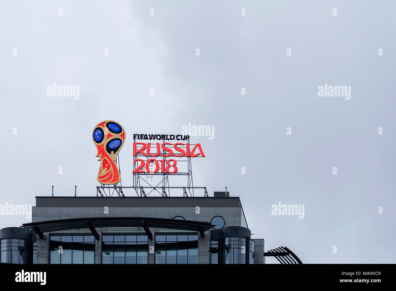 MOSCOW, RUSSIA - OCTOBER 28, 2017 Official emblem, logo of the 2018 World Cup on the roof of building on one of the capital's street Stock Photo