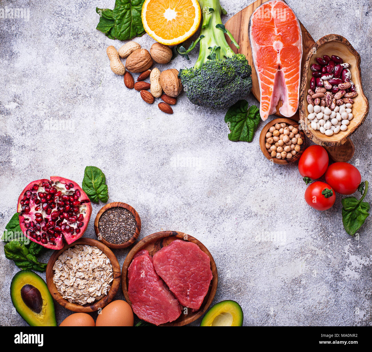 Organic food for healthy nutrition and superfoods. Balanced diet. Top